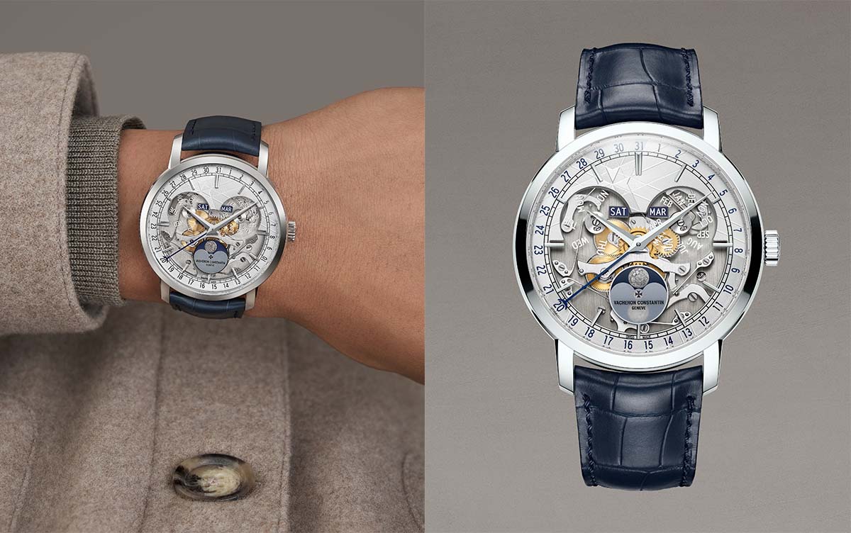 江詩丹頓Traditionnelle Openface全日曆鏤雕腕錶。