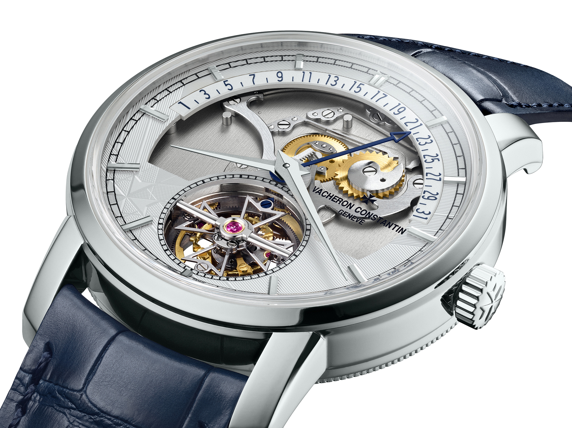 江詩丹頓Traditionnelle陀飛輪逆跳日曆鏤雕腕錶。