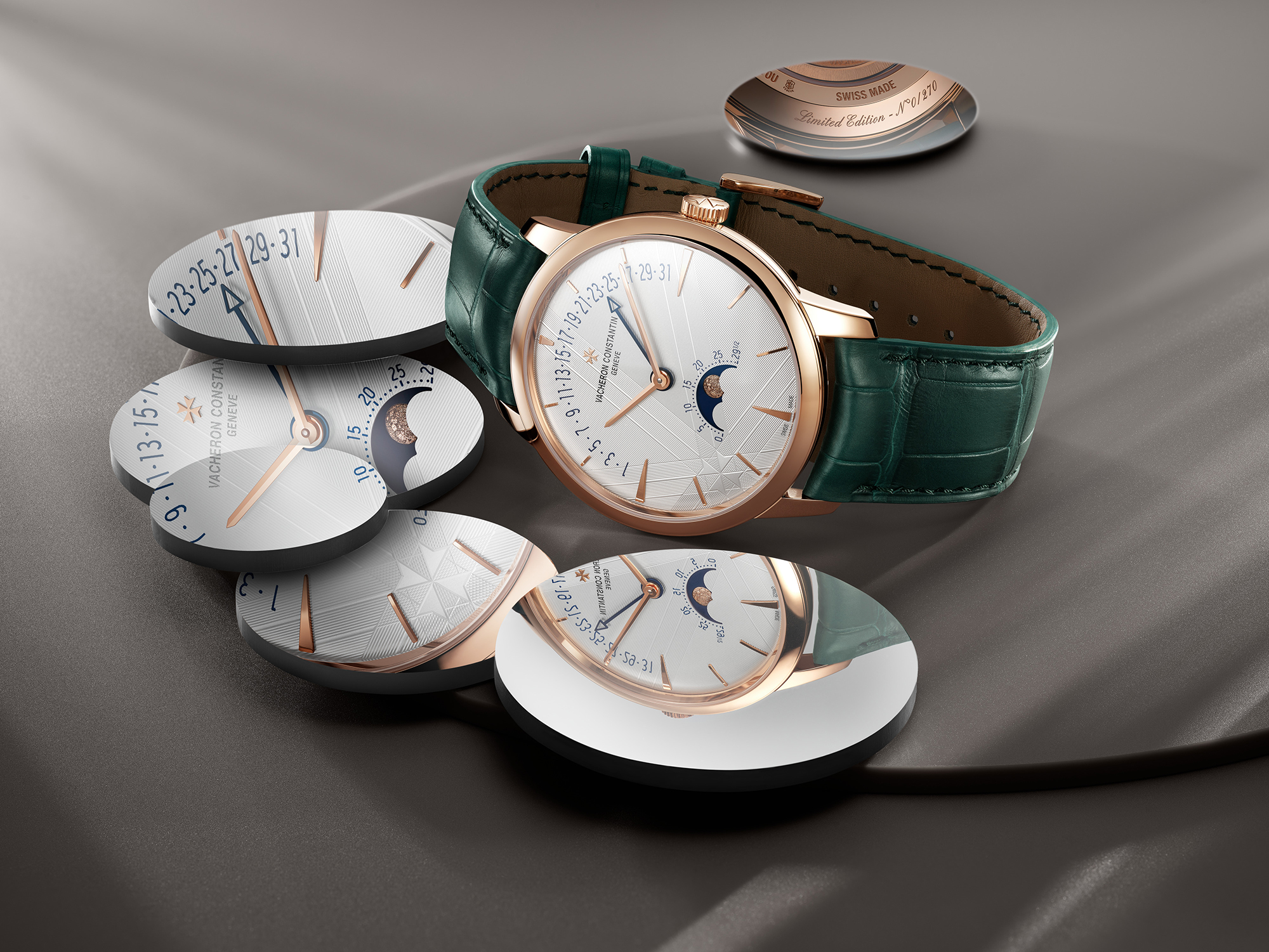 江詩丹頓Patrimony月相逆跳日曆腕錶。